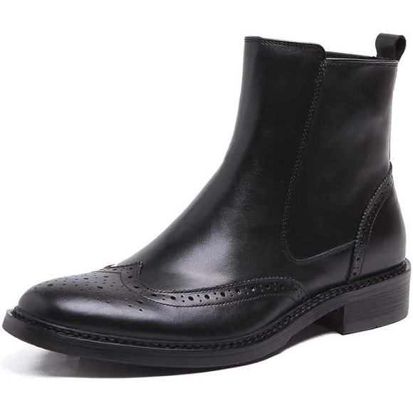 Santimon Men's US 6 Black Leather‎ Wingtip Brogue Zipper Ankle Dress Boots